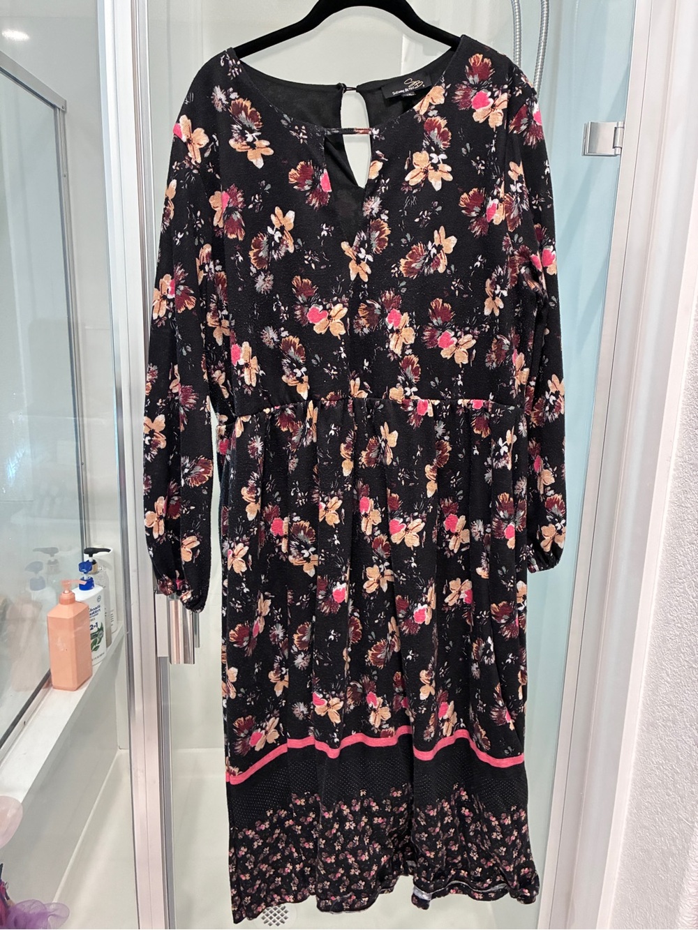 Suzanne Betro Black Floral Midi Dress with Pink and Cream Accents
